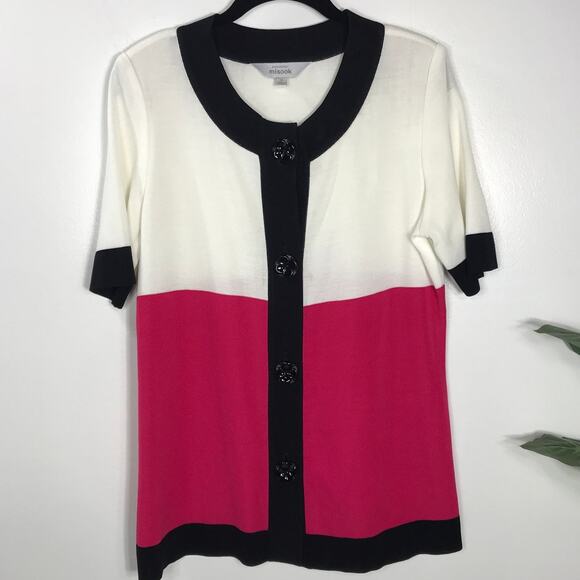 Exclusively Misook Sweater Cardigan Black Pink White Colorblock - Picture 1 of 8